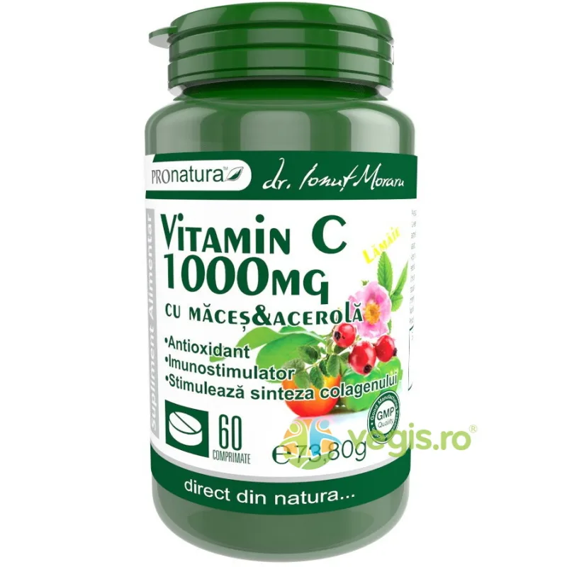 Vitamina C 1000mg cu Macese si Acerola (Aroma de Lamaie) 60cpr Medica - Pro Natura — preț și oferte