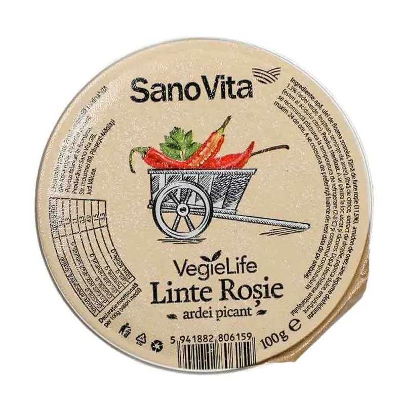 Pate vegetal din Linte rosie cu ardei picant, 100g - Sanovita — preț și oferte