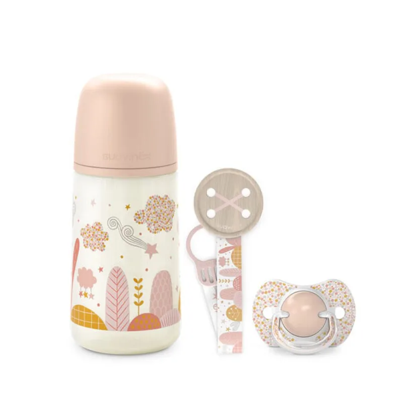 Set biberon Dreams Roz 270 ml, tetina SX Pro flux mediu, suzeta SX Pro 0-6 luni si lantisor pentru suzeta, Suavinex — preț și oferte