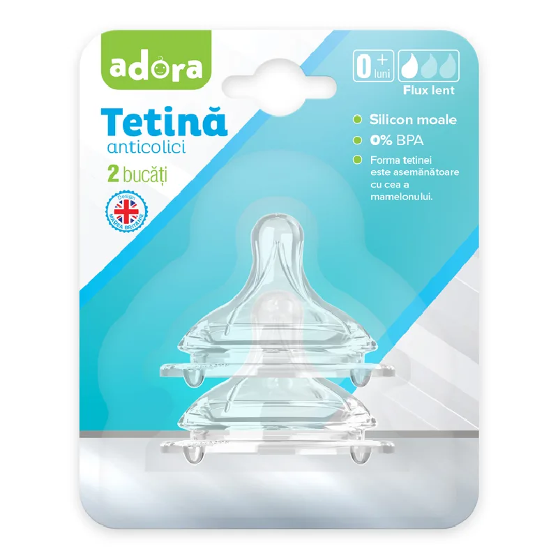 Tetina anticolici cu flux redus, 0-3 luni, 2 bucati, Adora — preț și oferte