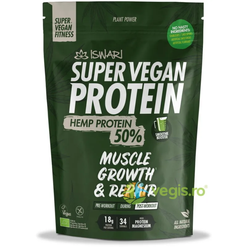 Proteina Super Vegan Potrivita dupa Efort din Pulbere de Canepa fara Gluten Ecologica/Bio 1.2kg ISWARI — preț și oferte