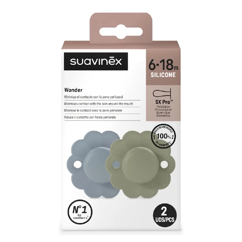 Suzeta fiziologica din silicon Wonder, 6-18 luni, verde-marine, 2 bucati, Suavinex — preț și oferte
