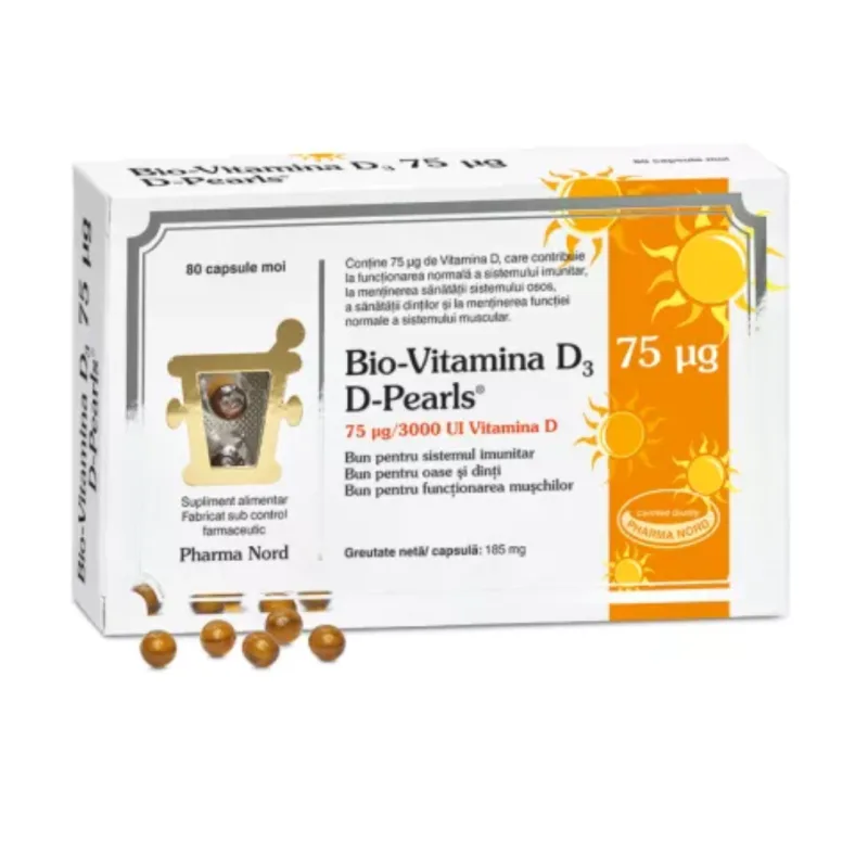 D-Pearls Bio-Vitamina D3, 3000 UI, 80 capsule, Pharma Nord — preț și oferte