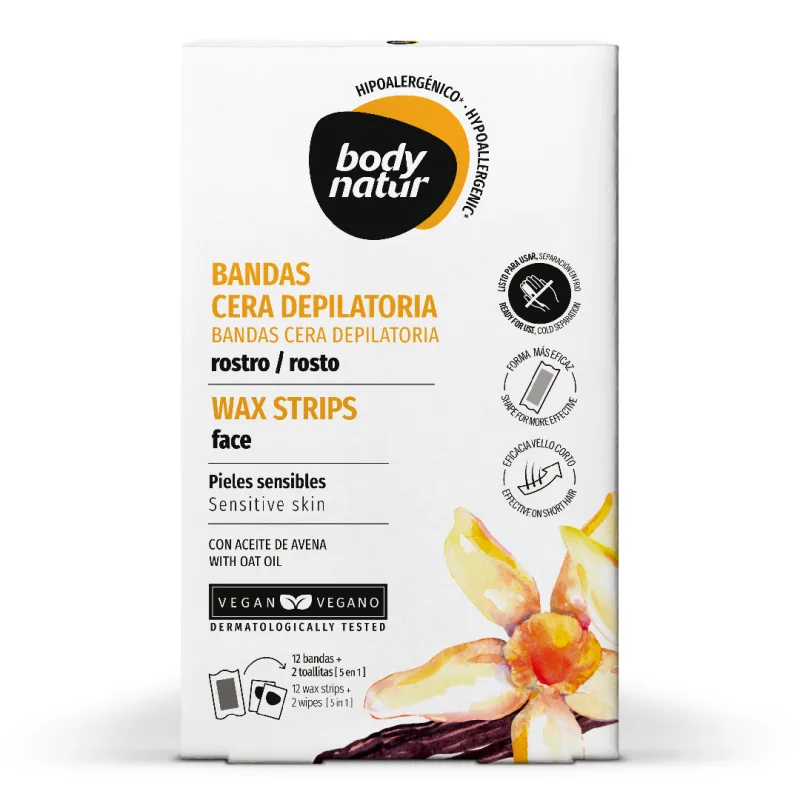 Benzi depilatoare faciale hipoalergenice, 12 benzi+2 servetele post-epilare, Body Natur — preț și oferte