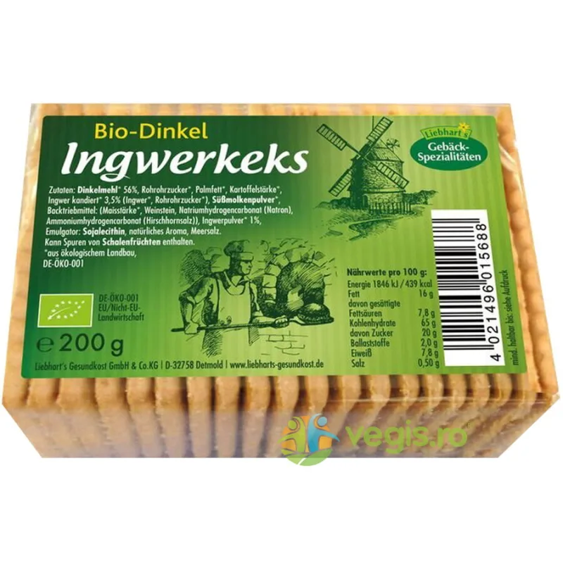 Biscuiti din Grau Spelta cu Ghimbir Ecologici/Bio 200g LIEBHARTS GESUNDKOST — preț și oferte
