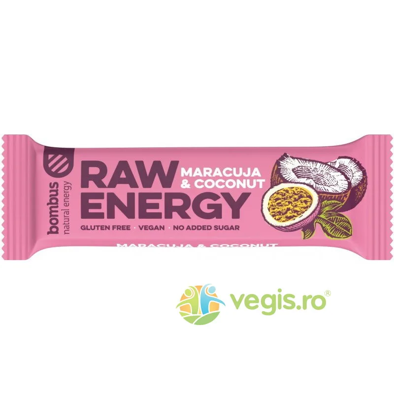 Baton Proteic cu Maracuja si Nuca de Cocos fara Gluten Raw Energy 50g BOMBUS — preț și oferte