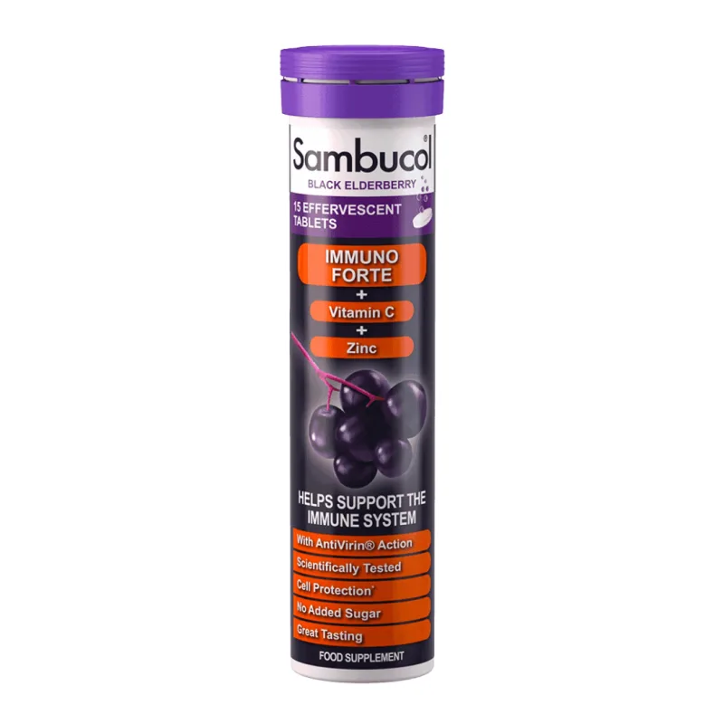 Tablete efervescente cu soc negru, vitamina C si zinc Immuno Forte, 15 bucati, Sambucol — preț și oferte