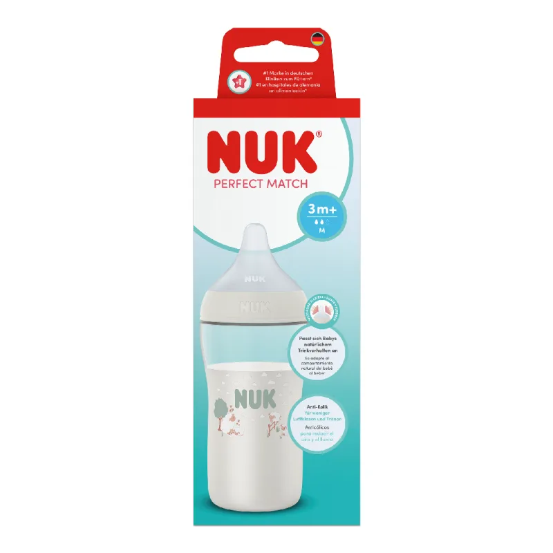 Biberon cu tetina din silicon Perfect Match, alb, flux M, 3+ luni, 260 ml, Nuk — preț și oferte