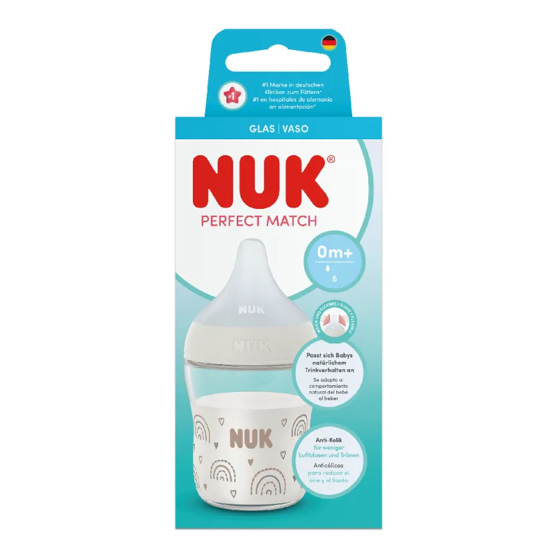 Biberon sticla cu tetina din silicon Perfect Match, flux S, 0 luni+, 120 ml, Nuk — preț și oferte