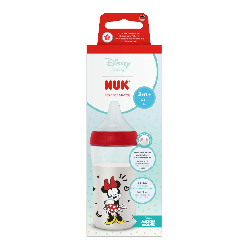 Biberon cu tetina din silicon Perfect Match, Minnie, flux M, 3+ luni, 260 ml, Nuk — preț și oferte