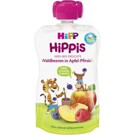 Piure de fructe, mar, piersica si fructe de padure, incepand de la 12 luni, 100g, HiPP — preț și oferte