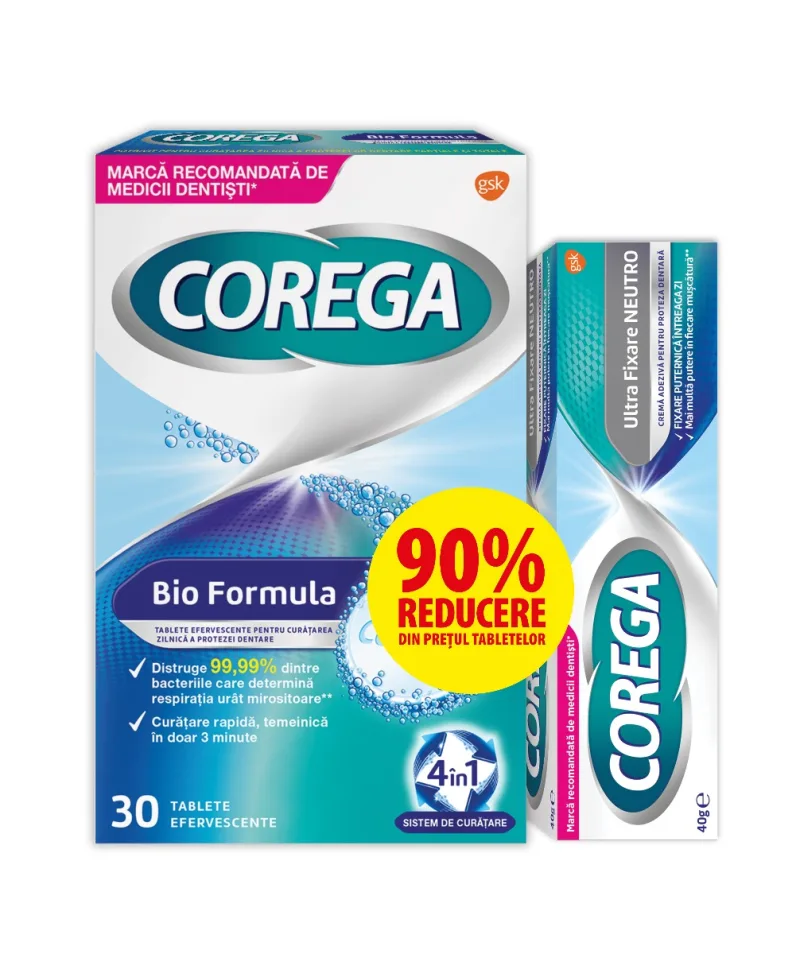 Pachet Adeziv pentru proteza Neutro 40g + Tablete efervescente 30 tablete, Corega — preț și oferte