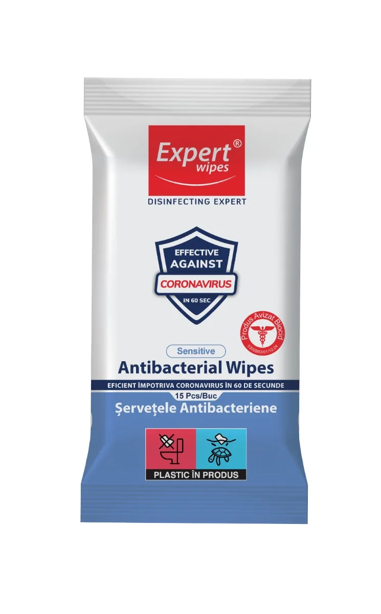 Servetele umede Antibacteriene Sensitive, 15 bucati, Expert Wipes — preț și oferte