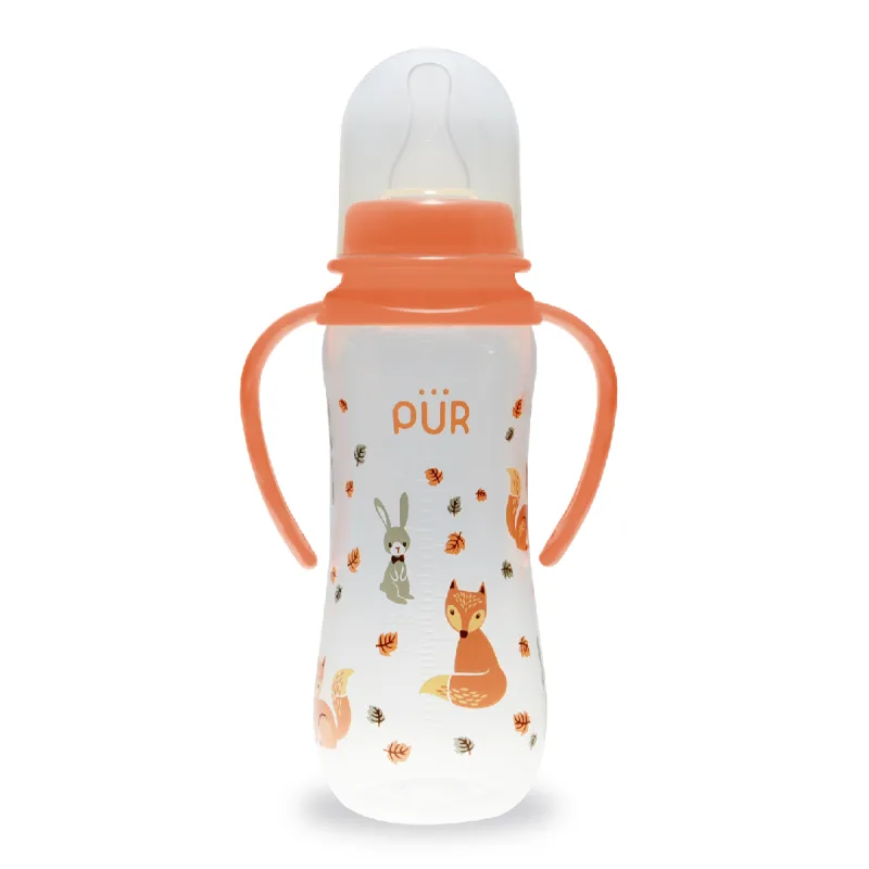 Biberon cu desen si manere, piersica, +6 luni, 250ml, PUR PUR BABY — preț și oferte