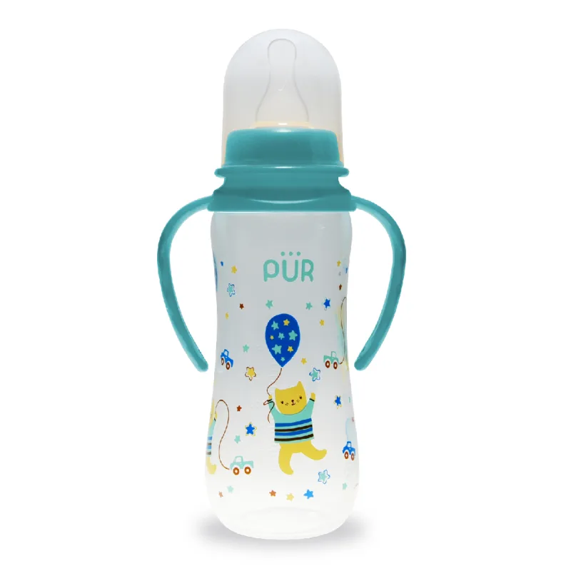 Biberon cu desen si manere, verde, +6 luni, 250ml, PUR PUR BABY — preț și oferte