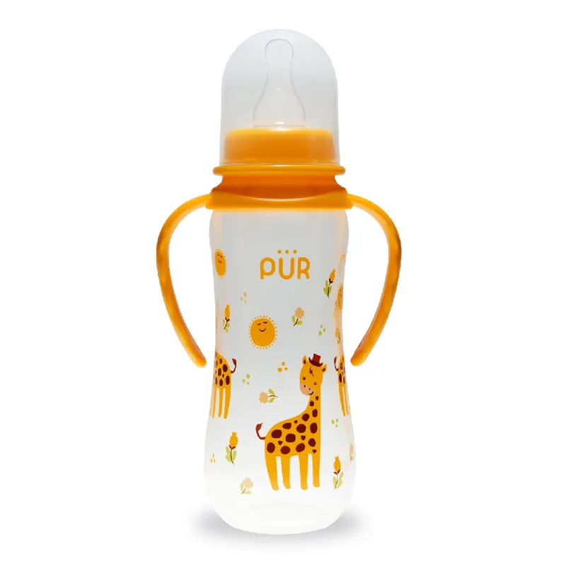Biberon cu desen si manere, galben, +6 luni, 250ml, PUR PUR BABY — preț și oferte