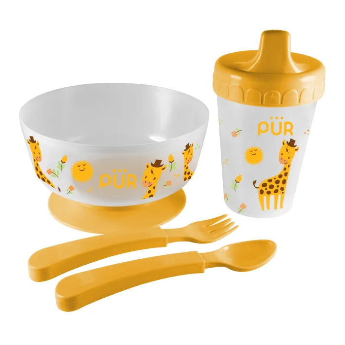 Set pentru masa bol cu tacamuri si cana, galben, +6 luni, PUR PUR BABY — preț și oferte