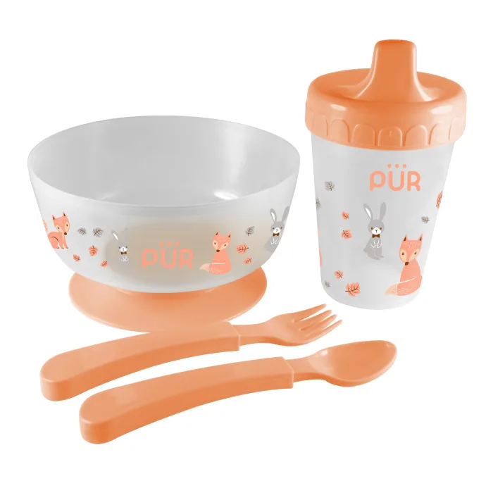 Set pentru masa bol cu tacamuri si cana, portocaliu, +6 Luni, PUR PUR BABY — preț și oferte