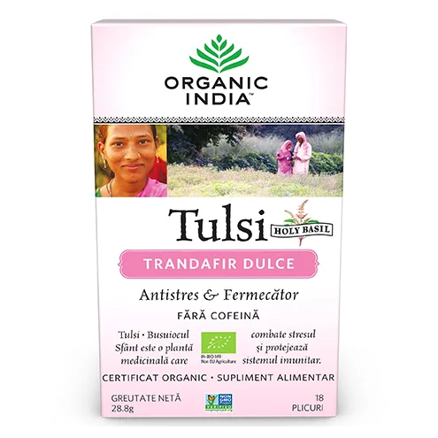 Ceai Tulsi Trandafir Dulce Antistres & Fermecator, 18 plicuri, Organic India — preț și oferte