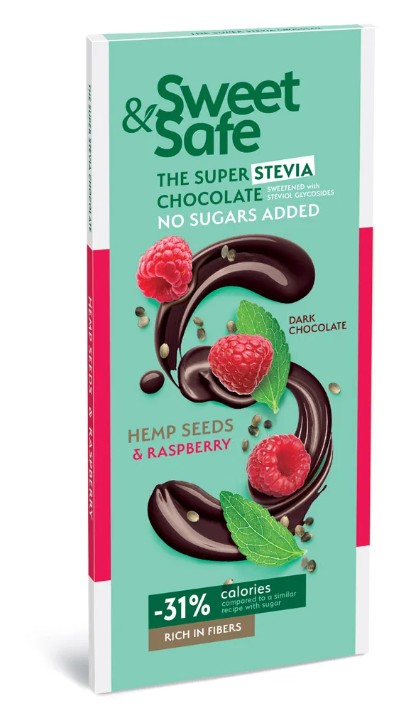 Ciocolata amaruie cu indulcitor natural de stevia Sweet&Safe, seminte de canepa, zmeura, 90 g, Sly Nutritia — preț și oferte