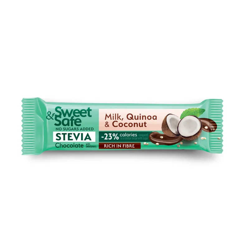 Ciocolata cu lapte si indulcitor natural de stevia Sweet&Safe, cocos si quinoa, 25 g, Sly Nutritia — preț și oferte