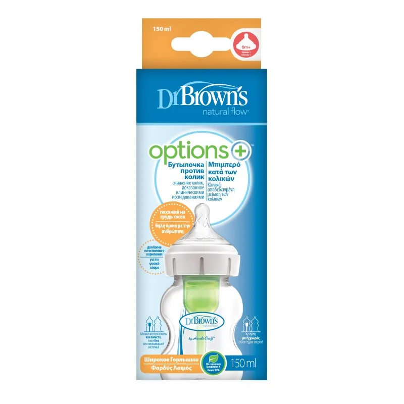 Biberon anti-colici cu gat larg Options+, 150ml, Dr. Brown's — preț și oferte