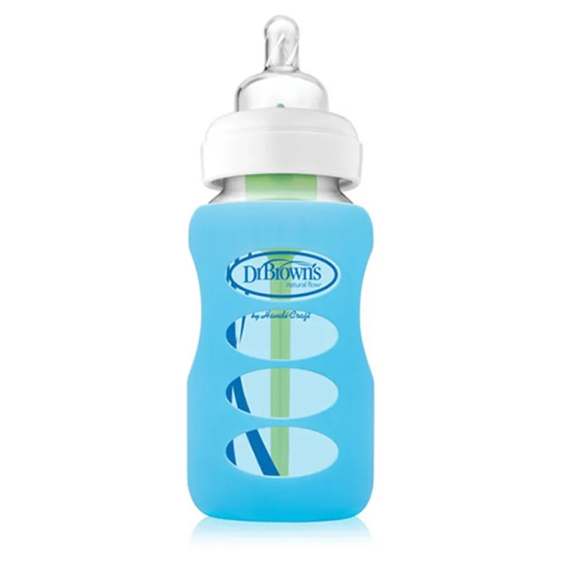 Protectie silicon pentru biberon din sticla cu gat larg albastru, 270ml, Dr. Brown's — preț și oferte