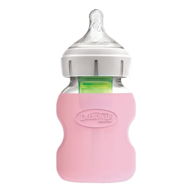 Protectie silicon pentru biberon din sticla cu gat larg roz pal, 150ml, Dr. Brown's — preț și oferte