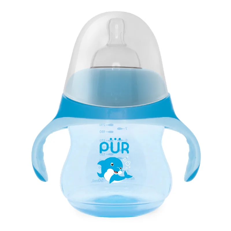 Biberon cu manere tip delfin, albastru, 230ml, PUR PUR BABY — preț și oferte
