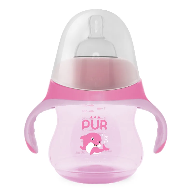 Biberon cu manere tip delfin, roz, 230ml, PUR PUR BABY — preț și oferte