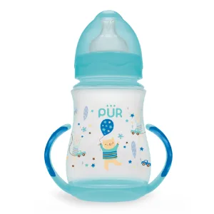 Biberon cu gura larga, desen si manere, verde, +6luni, 250ml, PUR