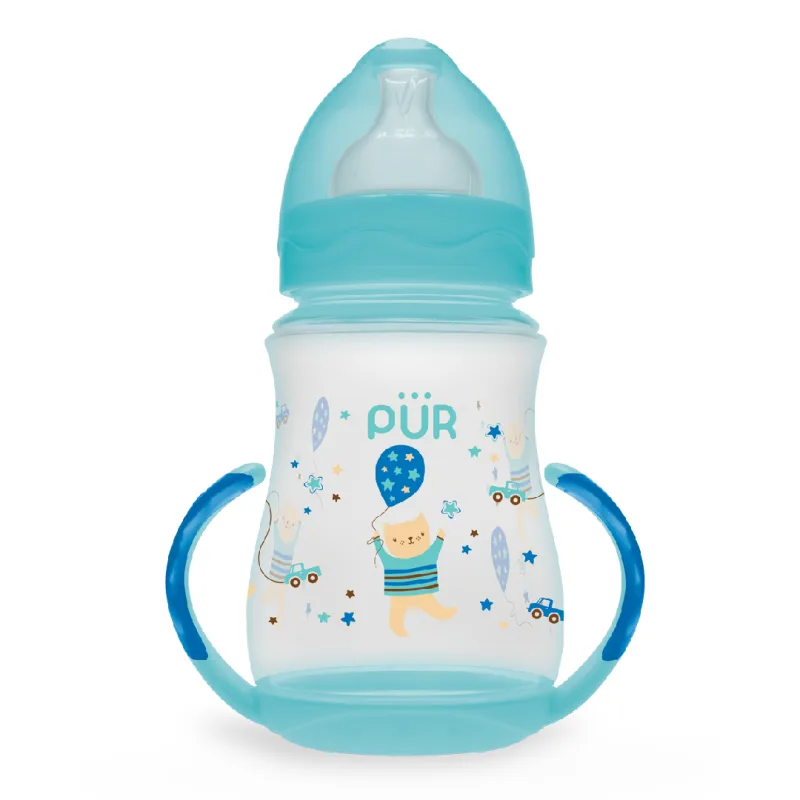 Biberon cu gura larga, desen si manere, verde, +6luni, 250ml, PUR PUR BABY — preț și oferte