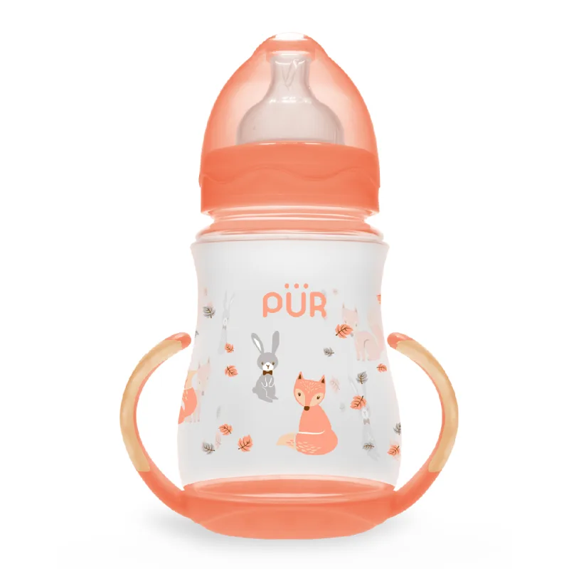 Biberon cu gura larga, desen si manere, piersica, +6luni, 250ml, PUR PUR BABY — preț și oferte