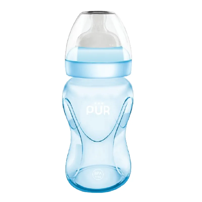 Biberon cu gura larga, albastru, +6luni, 250ml, PUR PUR BABY — preț și oferte