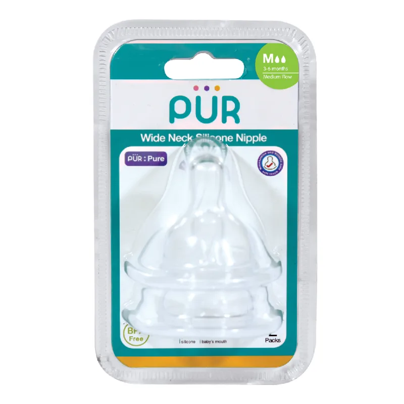 Set 2 tetine silicon pentru biberon cu gura larga, marime M, 3-6 luni, PUR PUR BABY — preț și oferte
