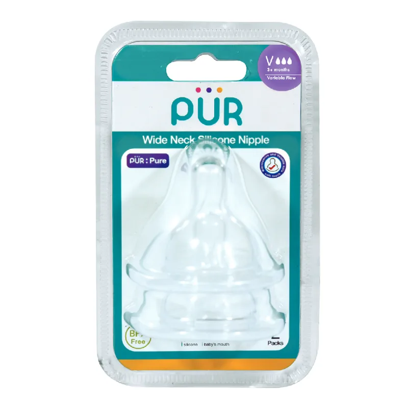 Set 2 tetine silicon pentru biberon cu gura larga, marime V, +3 luni, PUR PUR BABY — preț și oferte