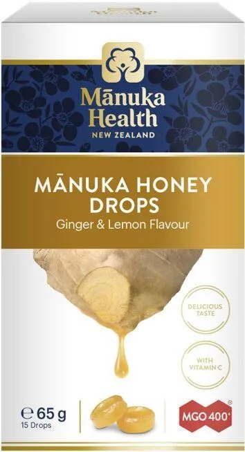 Dropsuri cu miere de Manuka MGO 400 si ghimbir cu lamaie, 65g, Manuka Health — preț și oferte
