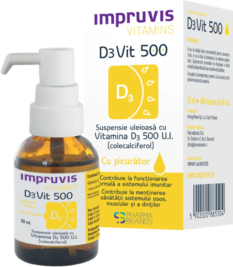 Suspensie uleioasa cu picurator Vitamina D3 D3Vit 500 U.I., 20ml, Pharma Brands — preț și oferte