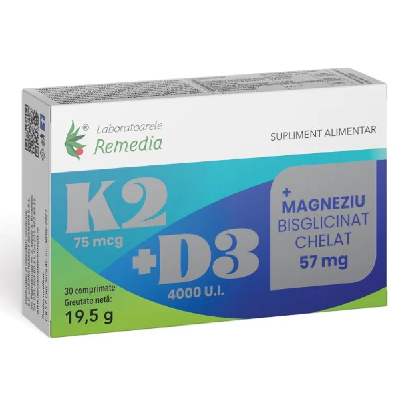 K2+D3+Mg Bisglicinat chelat, 2*15 comprimate filmate, Remedia — preț și oferte