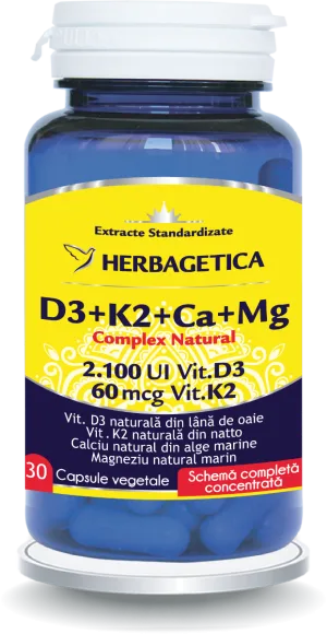 Complex Natural D3+K2+Ca, 30 capsule vegetale, Herbagetica