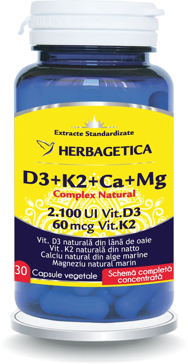 Complex Natural D3+K2+Ca, 30 capsule vegetale, Herbagetica — preț și oferte