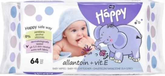 Servetele umede Happy cu alantoina si vitamina E, 64 bucati, Bella Baby — preț și oferte
