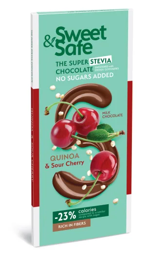 Ciocolata cu indulcitor natural de stevia Sweet&Safe, quinoa si visine, 90g, Sly Nutrition
