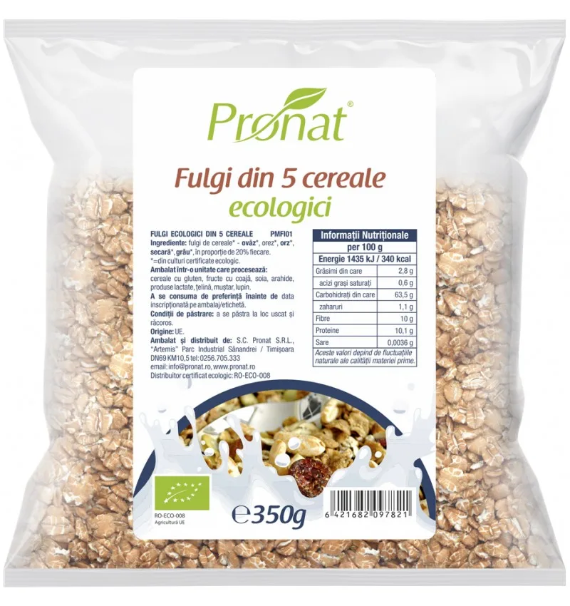 Fulgi din 5 cereale Bio, 350g, Pronat — preț și oferte