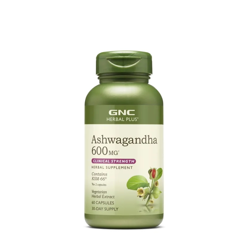 Extract din radacina de Ashwagandha 600mg Herbal Plus® KSM-66, 60 capsule, GNC — preț și oferte