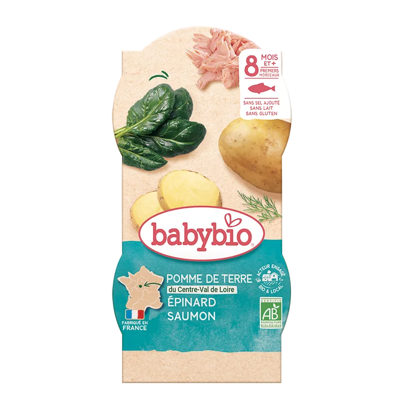 Meniu cu spanac, cartofi si somon 8+ luni, 2 x 200g, BabyBio — preț și oferte