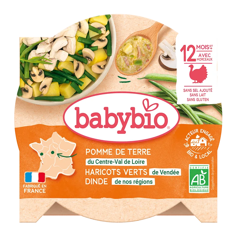 Meniu morcovi, fasole verde si felii de curcan Bio, 230g, BabyBio — preț și oferte