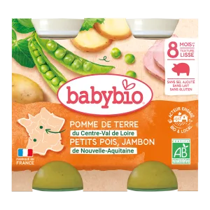 Piure bio din cartofi, mazare si jambon +8 luni, 2 x 200g, BabyBio