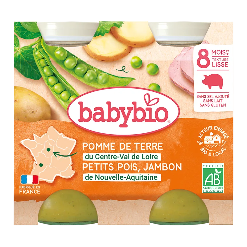 Piure bio din cartofi, mazare si jambon +8 luni, 2 x 200g, BabyBio — preț și oferte
