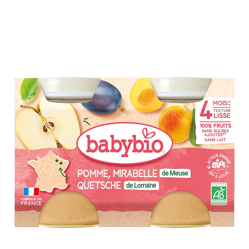 Piure bio din mere si corcoduse +4 luni, 2 x 130g, BabyBio — preț și oferte